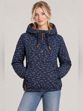 Naketano 1/2 Zip Hooded Jacket NavyBlue Boat Print coastal rare size small